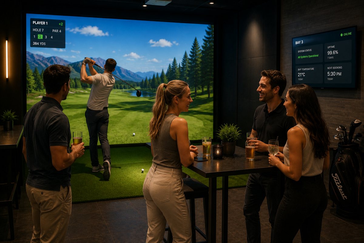 Friends at an indoor golf simulator lounge beside a live GSA bay monitor showing all systems operational and 99.6% uptime